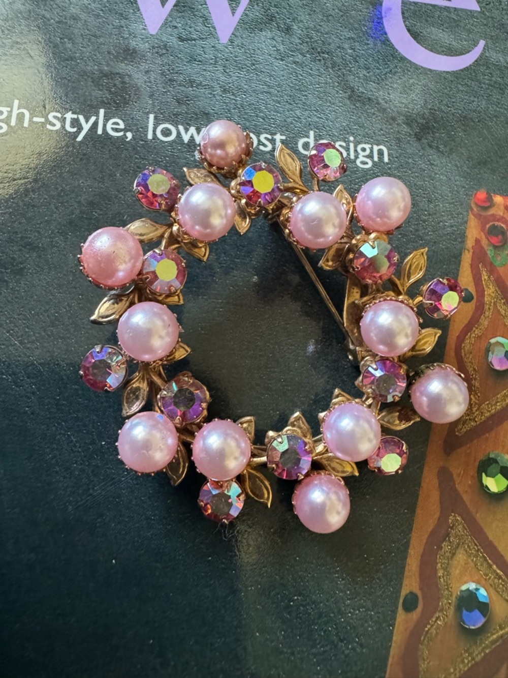 Vintage Pink Pearl & Aurora Crystal Wreath Brooch preowned